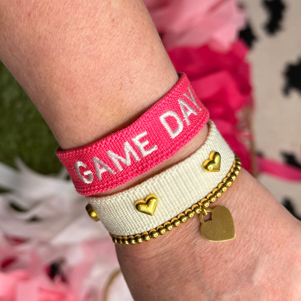 embroidered GAME DAY tassel bracelet in hot pink