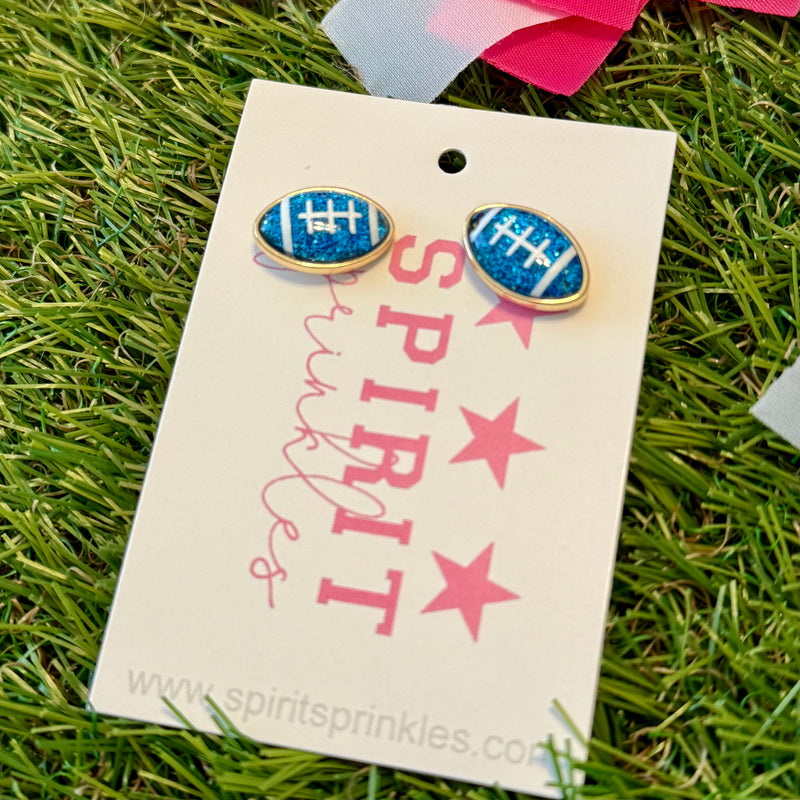 glitter football stud earrings in blue