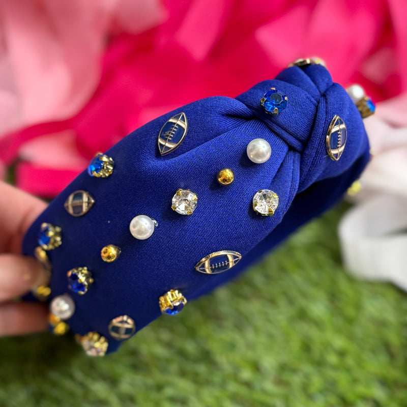 rhinestone football headband in royal