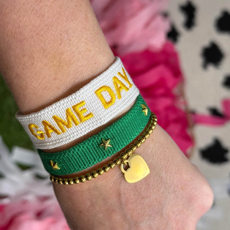 embroidered GAME DAY tassel bracelet in white + gold